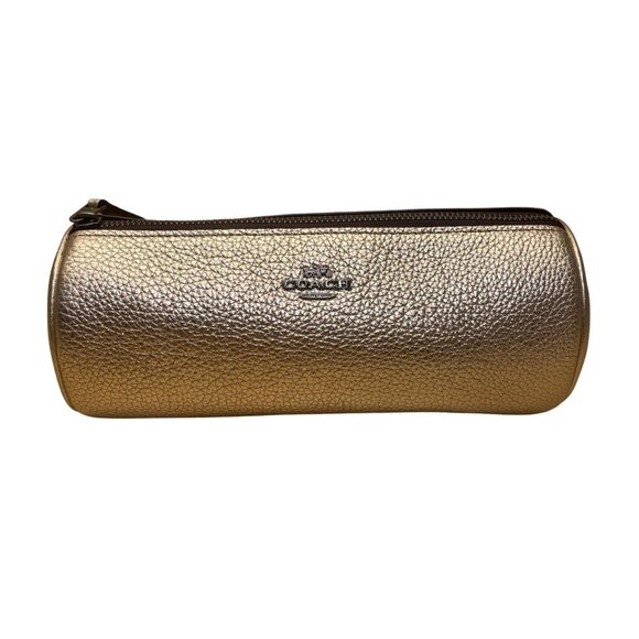 Coach Women’s Gold Metallic Leather Cylinder Zippered Makeup Bag Purse Pouch - Picture 1 of 8